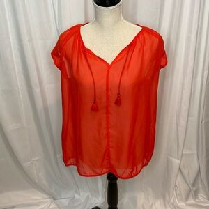 44 JohnPaulRichard Red Tassel Tie Neck Blouse Sheer Boho Peasant Top Small
